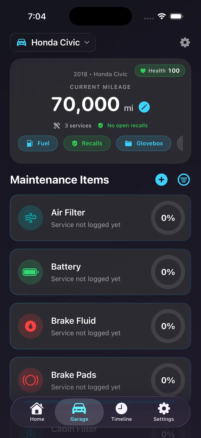 Miles garage view showing your vehicles and their upcoming maintenance